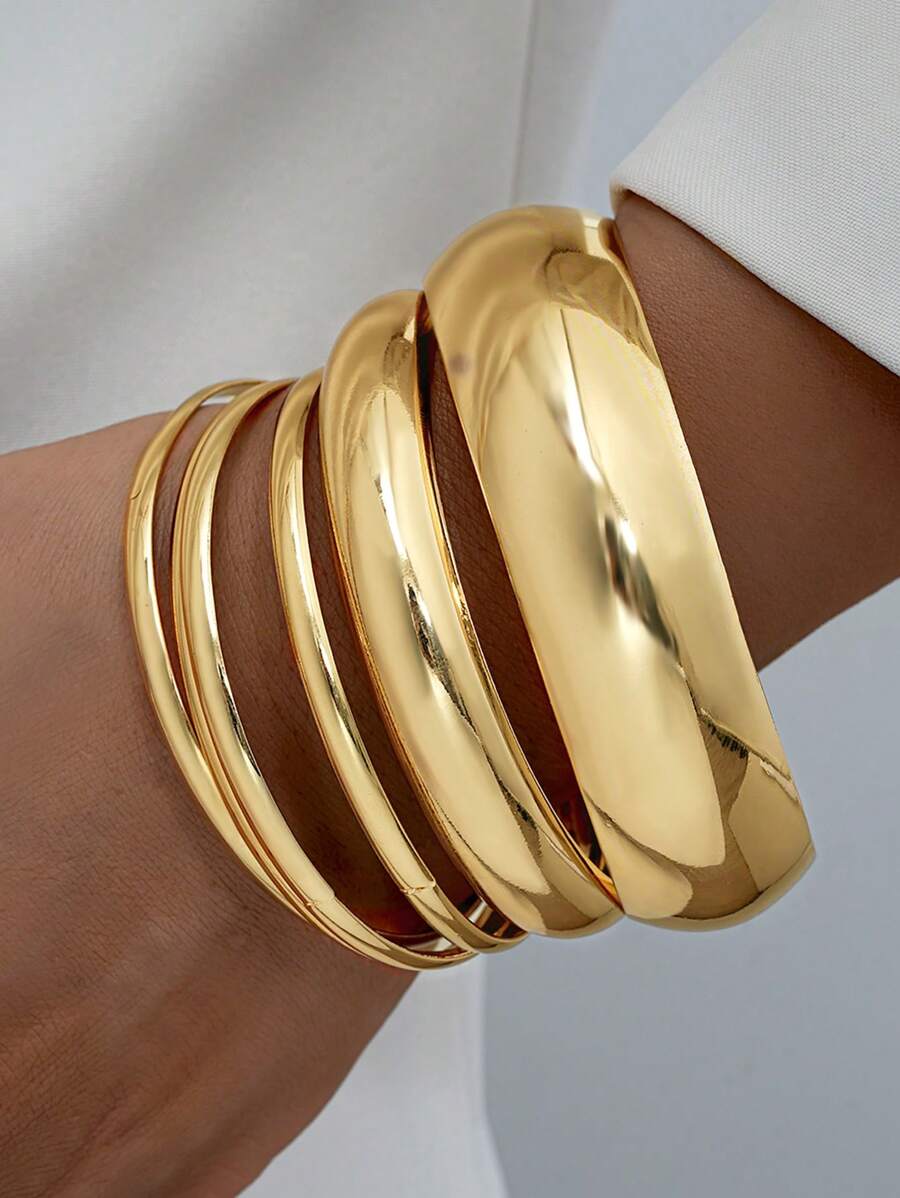 Vintage Exaggerated Luxury Geometric Design Wide Metal Gold Bangle Set