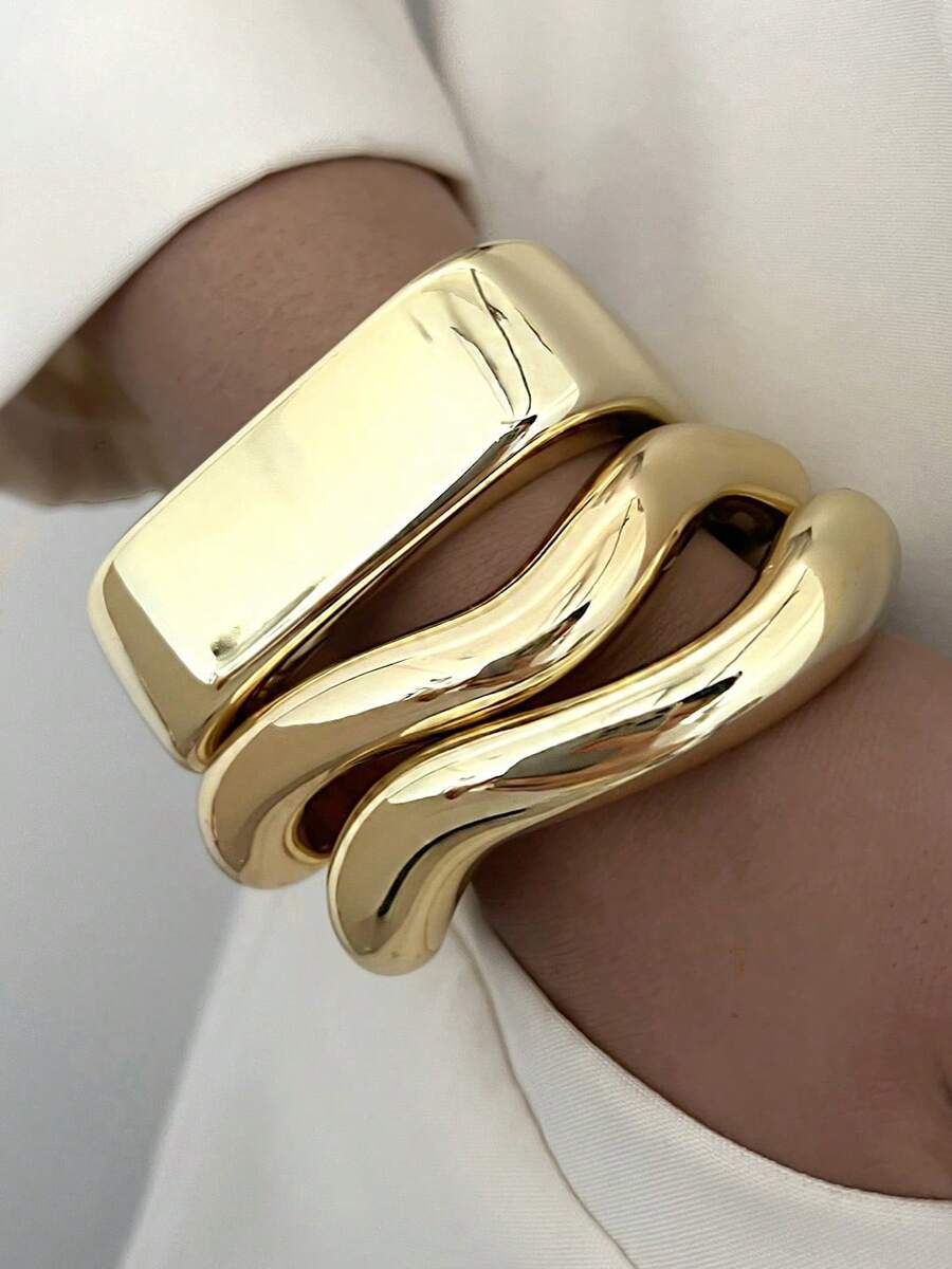 Vintage Exaggerated Luxury Geometric Design Wide Metal Gold Bangle Set