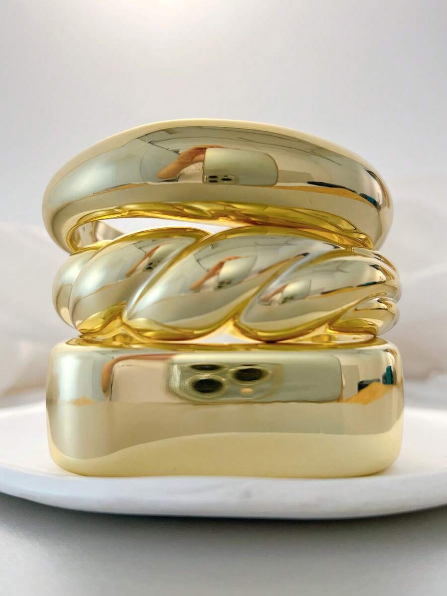 Vintage Exaggerated Luxury Geometric Design Wide Metal Gold Bangle Set