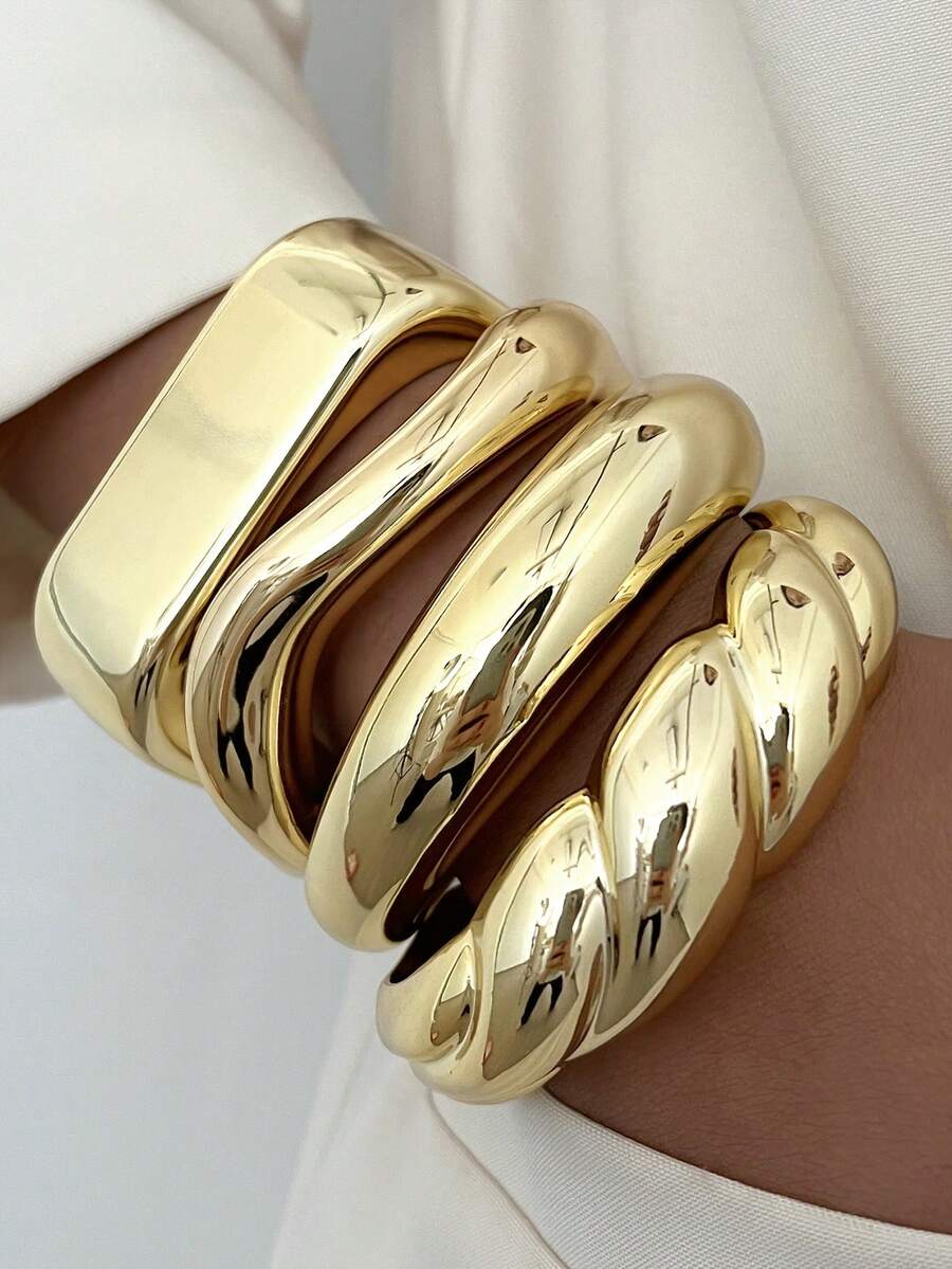 Vintage Exaggerated Luxury Geometric Design Wide Metal Gold Bangle Set