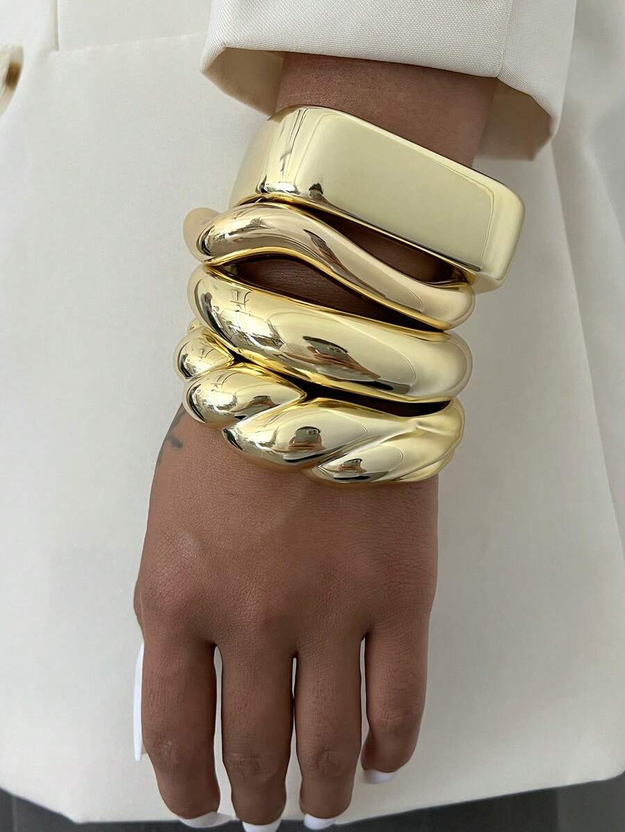 Vintage Exaggerated Luxury Geometric Design Wide Metal Gold Bangle Set