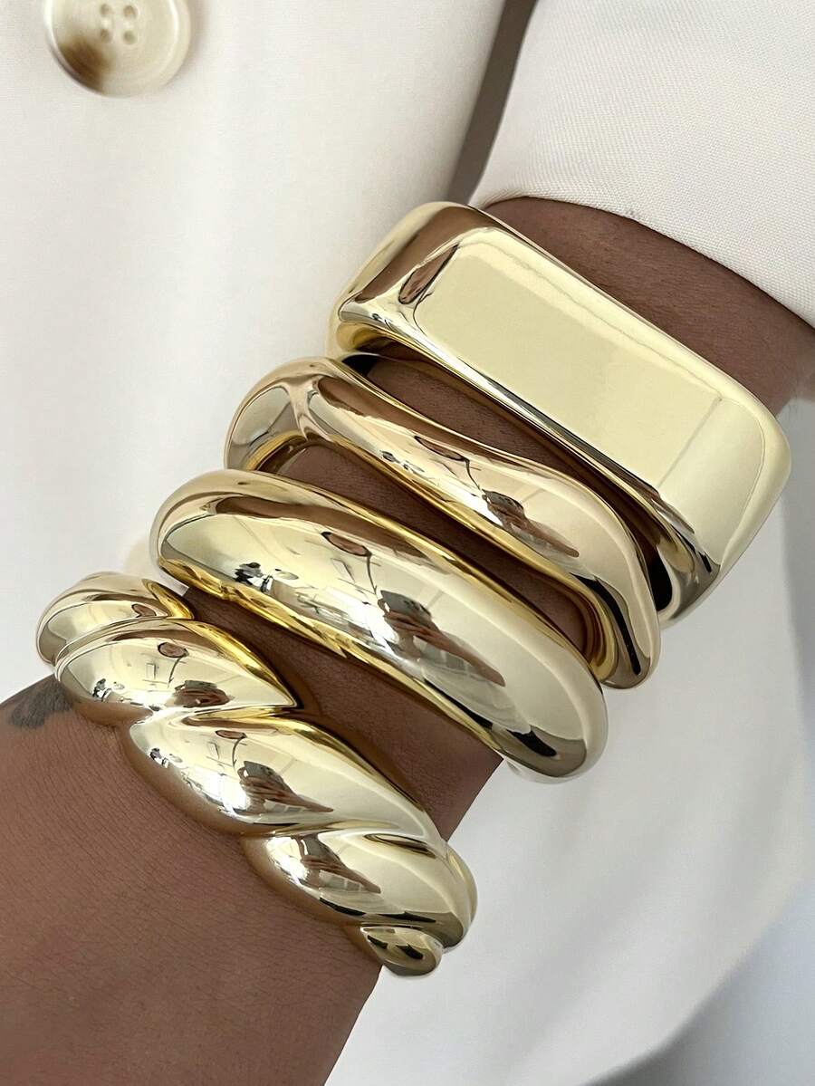 Vintage Exaggerated Luxury Geometric Design Wide Metal Gold Bangle Set