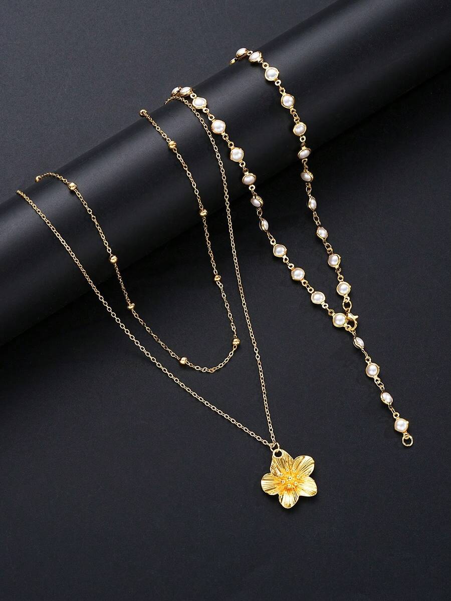 Fashionable Minimalist Bohemian Shell Flower & Faux Pearl Y-Necklace Set