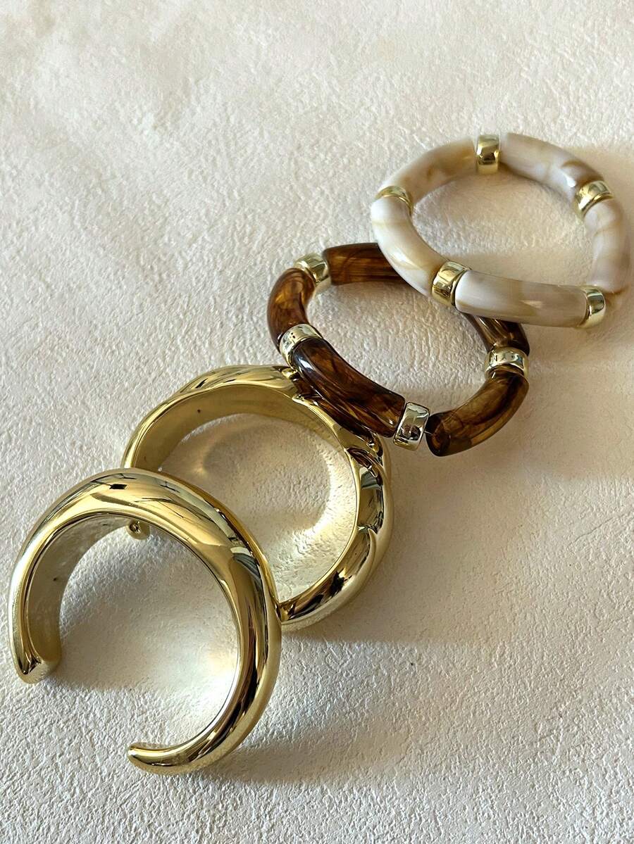 Vintage Exaggerated Luxury Geometric Design Wide Metal Gold Bangle Set