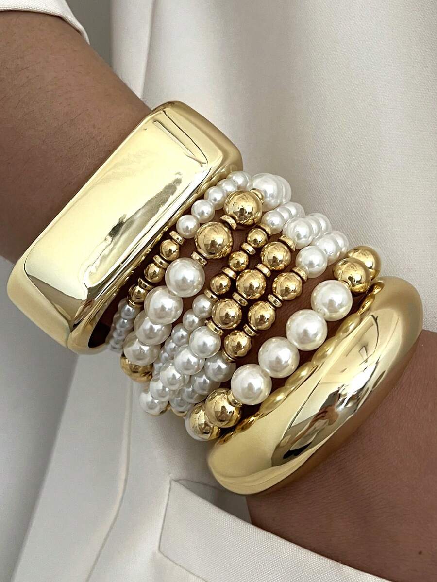 Vintage Exaggerated Luxury Geometric Design Wide Metal Gold Bangle Set