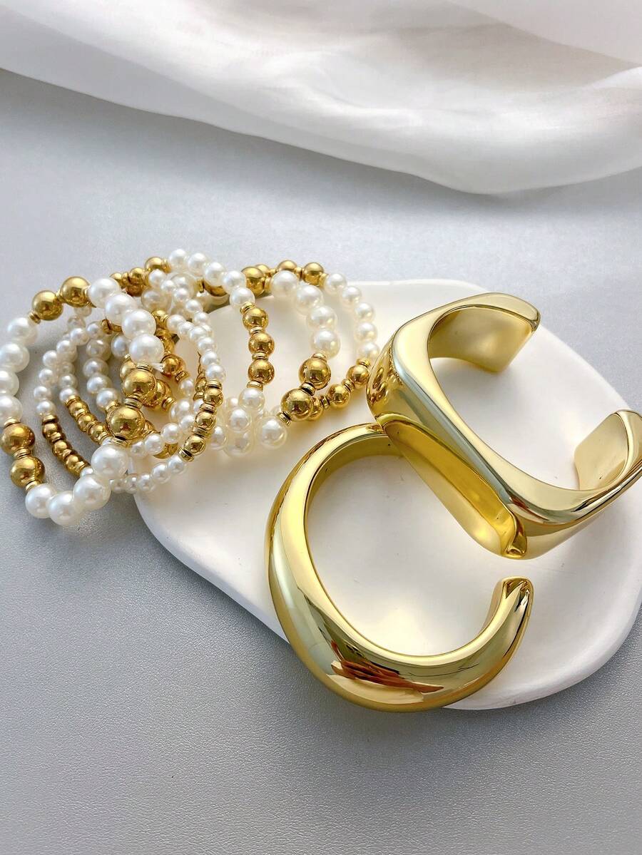 Vintage Exaggerated Luxury Geometric Design Wide Metal Gold Bangle Set