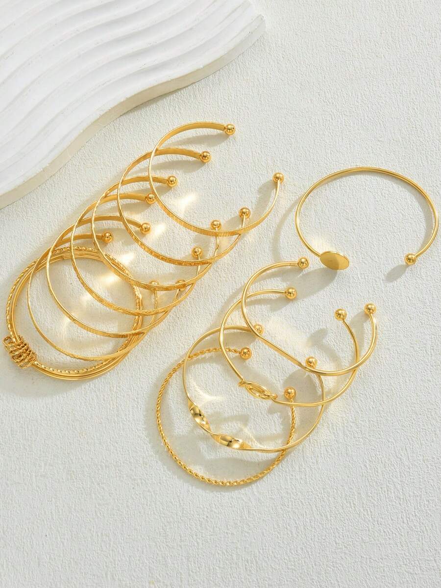 Vintage Exaggerated Luxury Geometric Design Wide Metal Gold Bangle Set