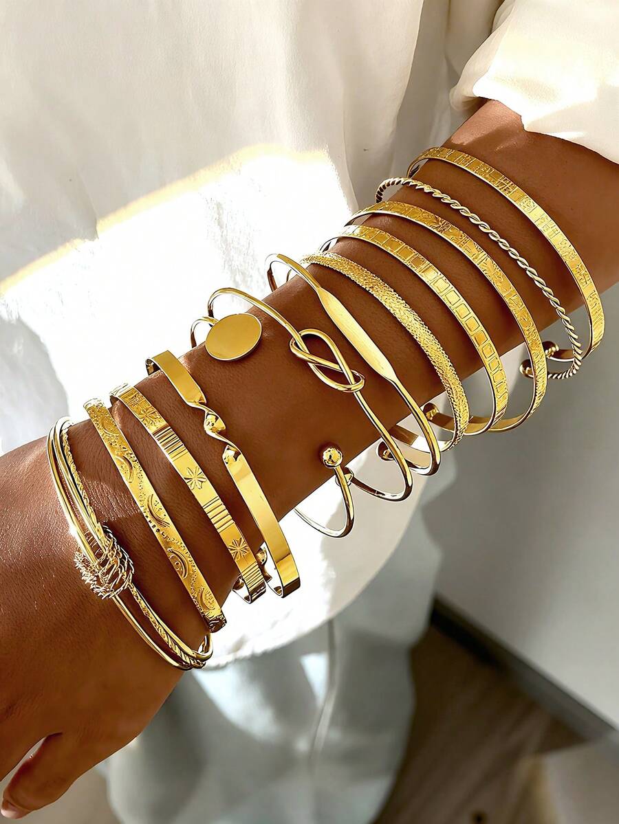 Vintage Exaggerated Luxury Geometric Design Wide Metal Gold Bangle Set