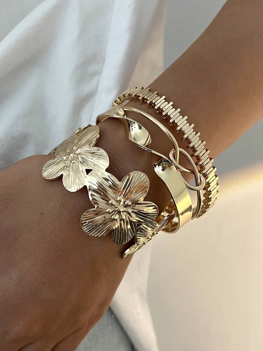 Vintage Exaggerated Luxury Geometric Design Wide Metal Gold Bangle Set