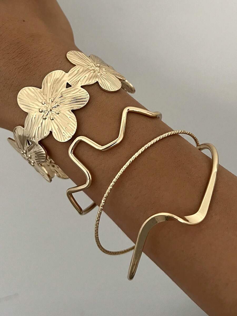 Vintage Exaggerated Luxury Geometric Design Wide Metal Gold Bangle Set