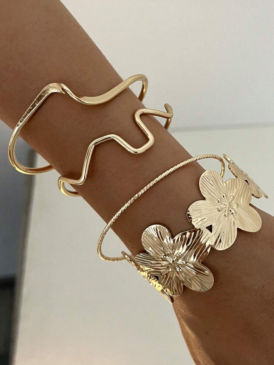 Vintage Exaggerated Luxury Geometric Design Wide Metal Gold Bangle Set