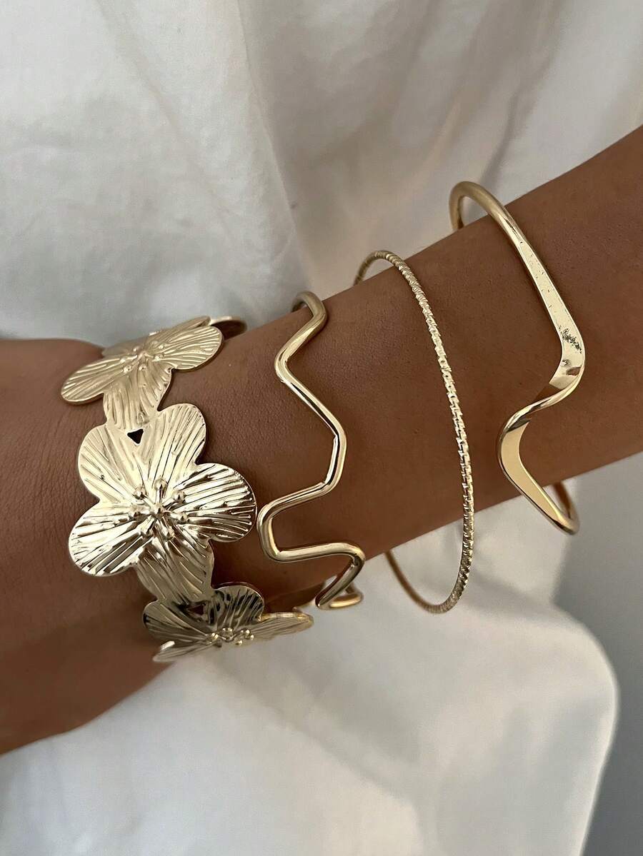 Vintage Exaggerated Luxury Geometric Design Wide Metal Gold Bangle Set