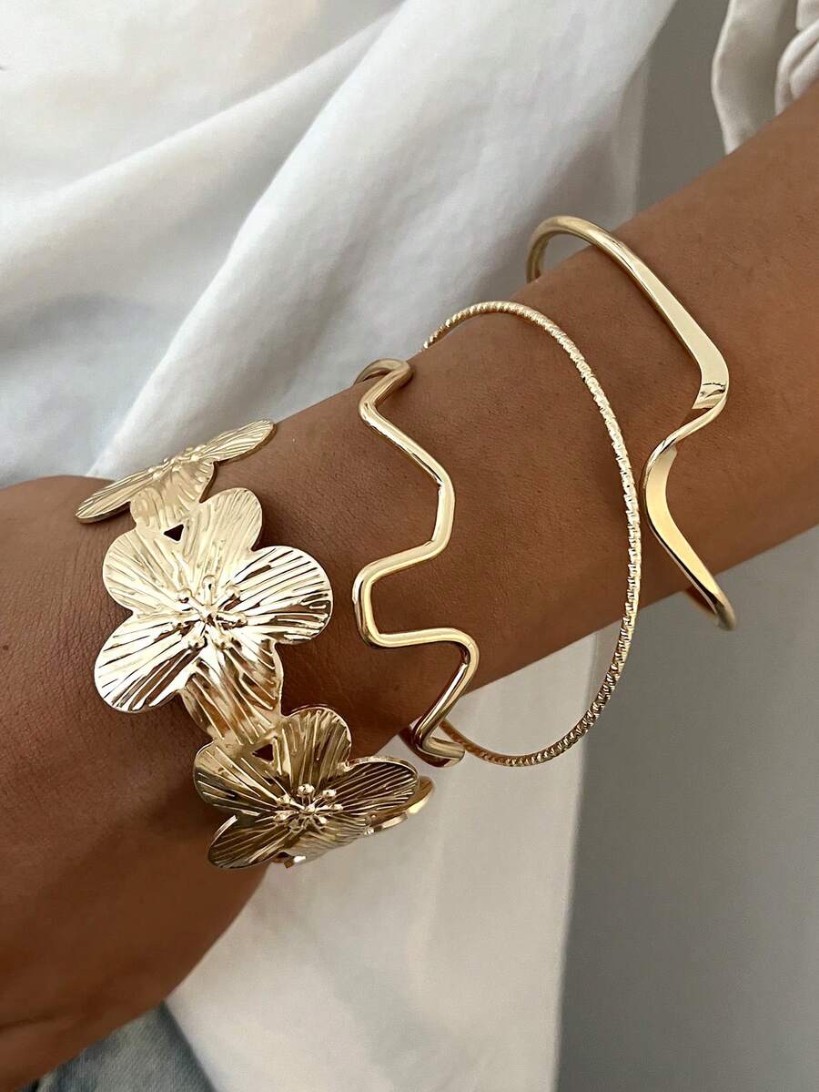 Vintage Exaggerated Luxury Geometric Design Wide Metal Gold Bangle Set