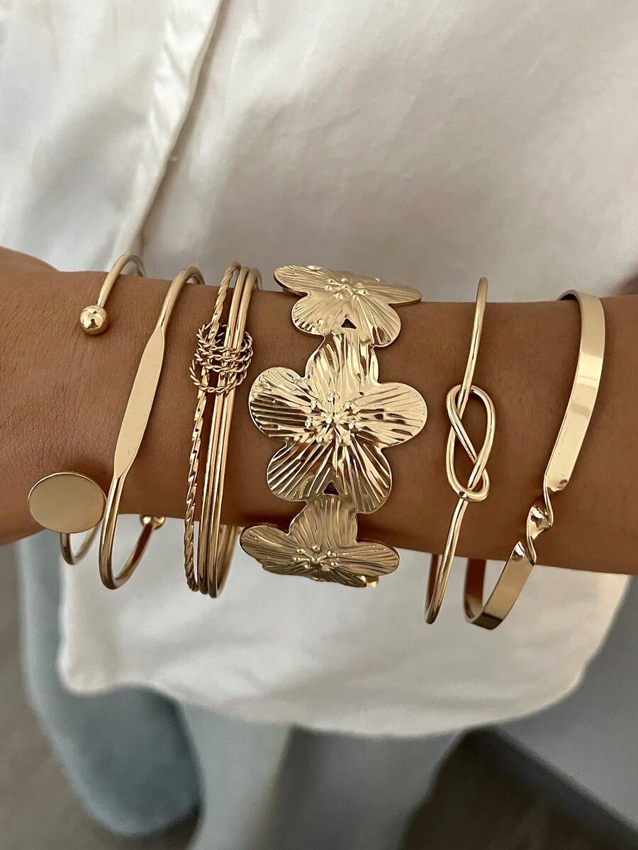 Vintage Exaggerated Luxury Geometric Design Wide Metal Gold Bangle Set