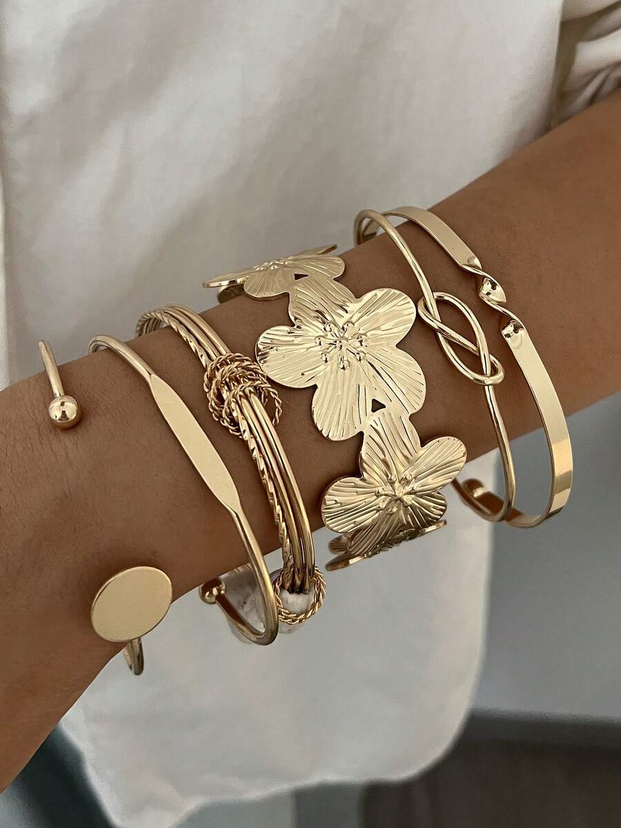 Vintage Exaggerated Luxury Geometric Design Wide Metal Gold Bangle Set