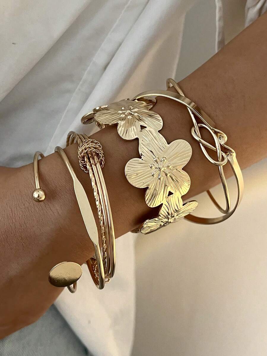 Vintage Exaggerated Luxury Geometric Design Wide Metal Gold Bangle Set