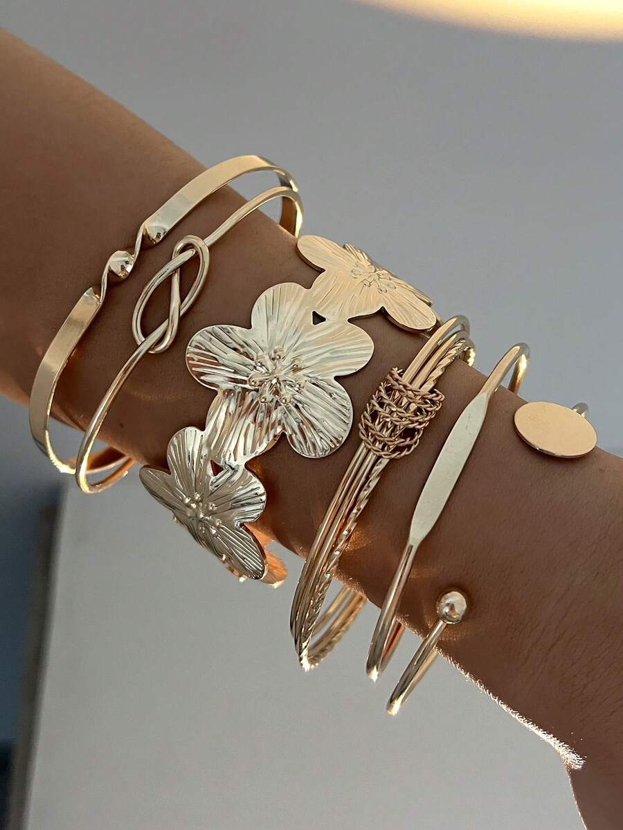 Vintage Exaggerated Luxury Geometric Design Wide Metal Gold Bangle Set