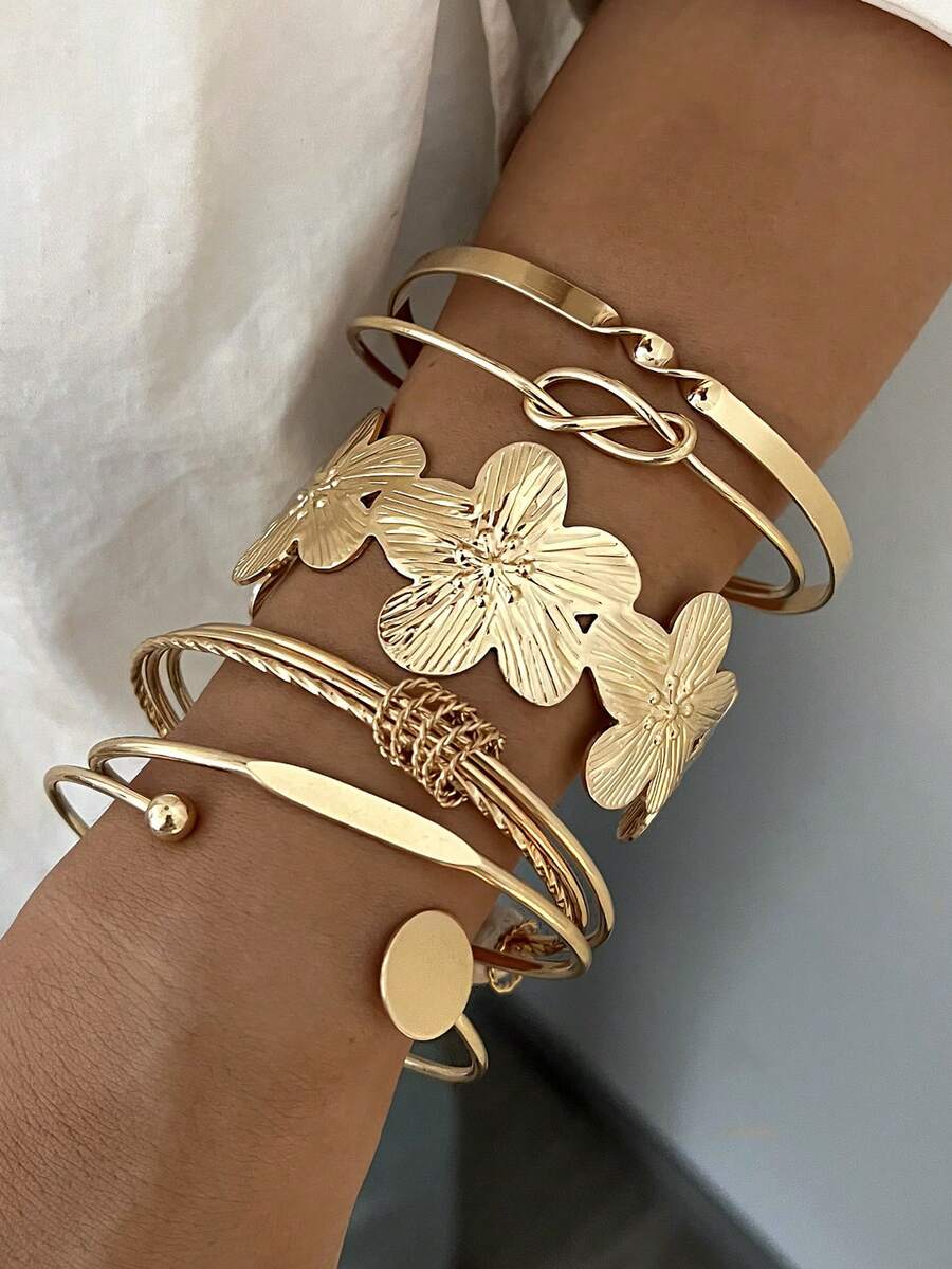Vintage Exaggerated Luxury Geometric Design Wide Metal Gold Bangle Set