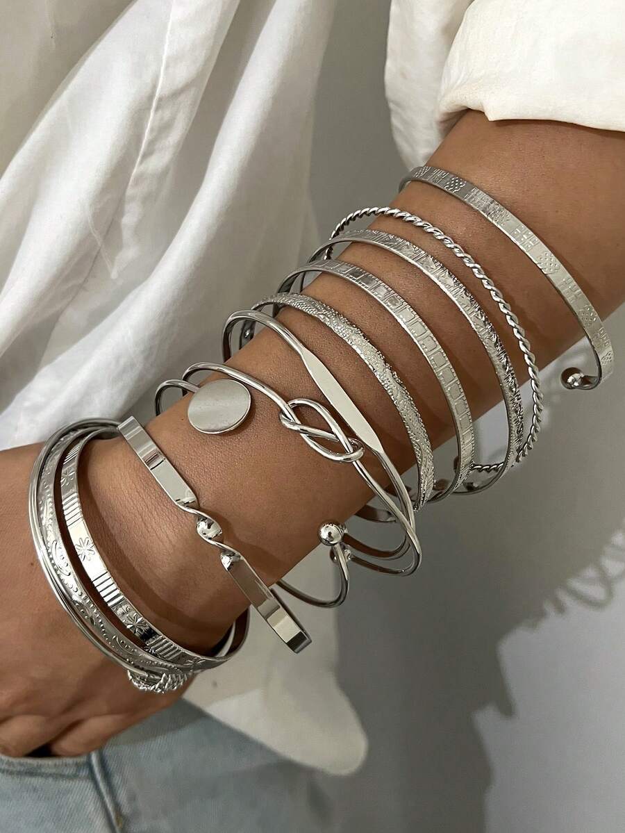 Vintage Exaggerated Luxury Geometric Design Wide Metal Gold Bangle Set