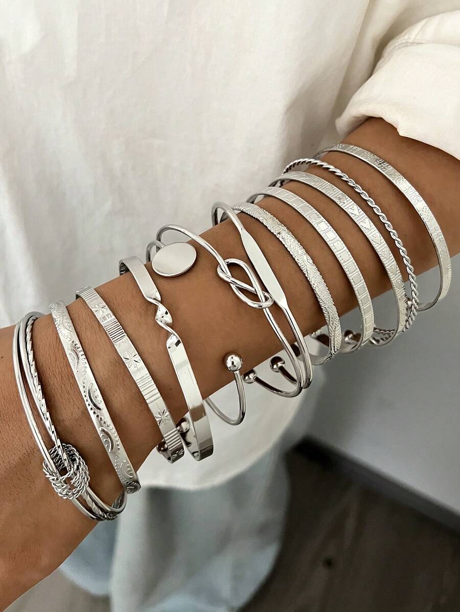 Vintage Exaggerated Luxury Geometric Design Wide Metal Gold Bangle Set