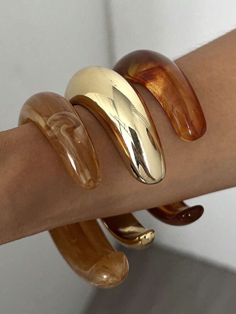 Vintage Exaggerated Luxury Geometric Design Wide Metal Gold Bangle Set