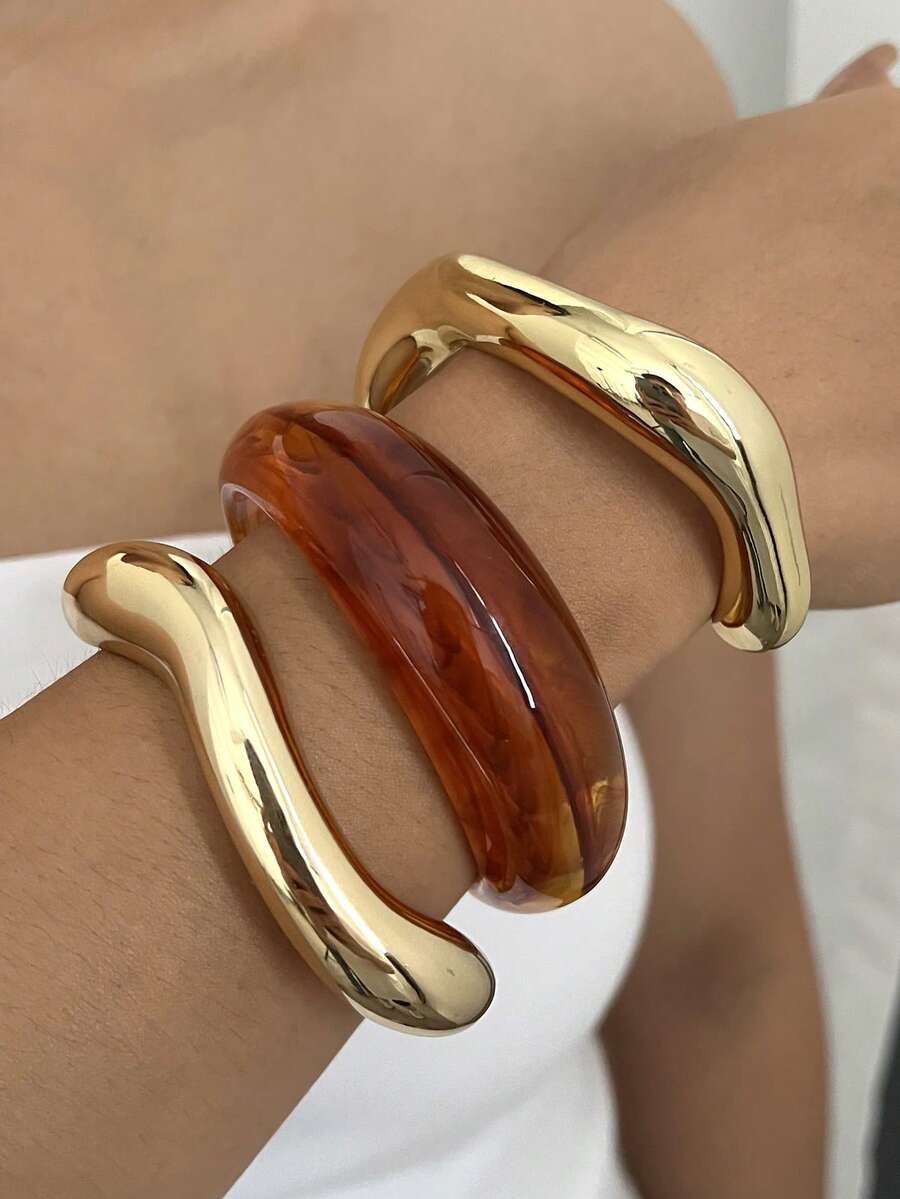 Vintage Exaggerated Luxury Geometric Design Wide Metal Gold Bangle Set