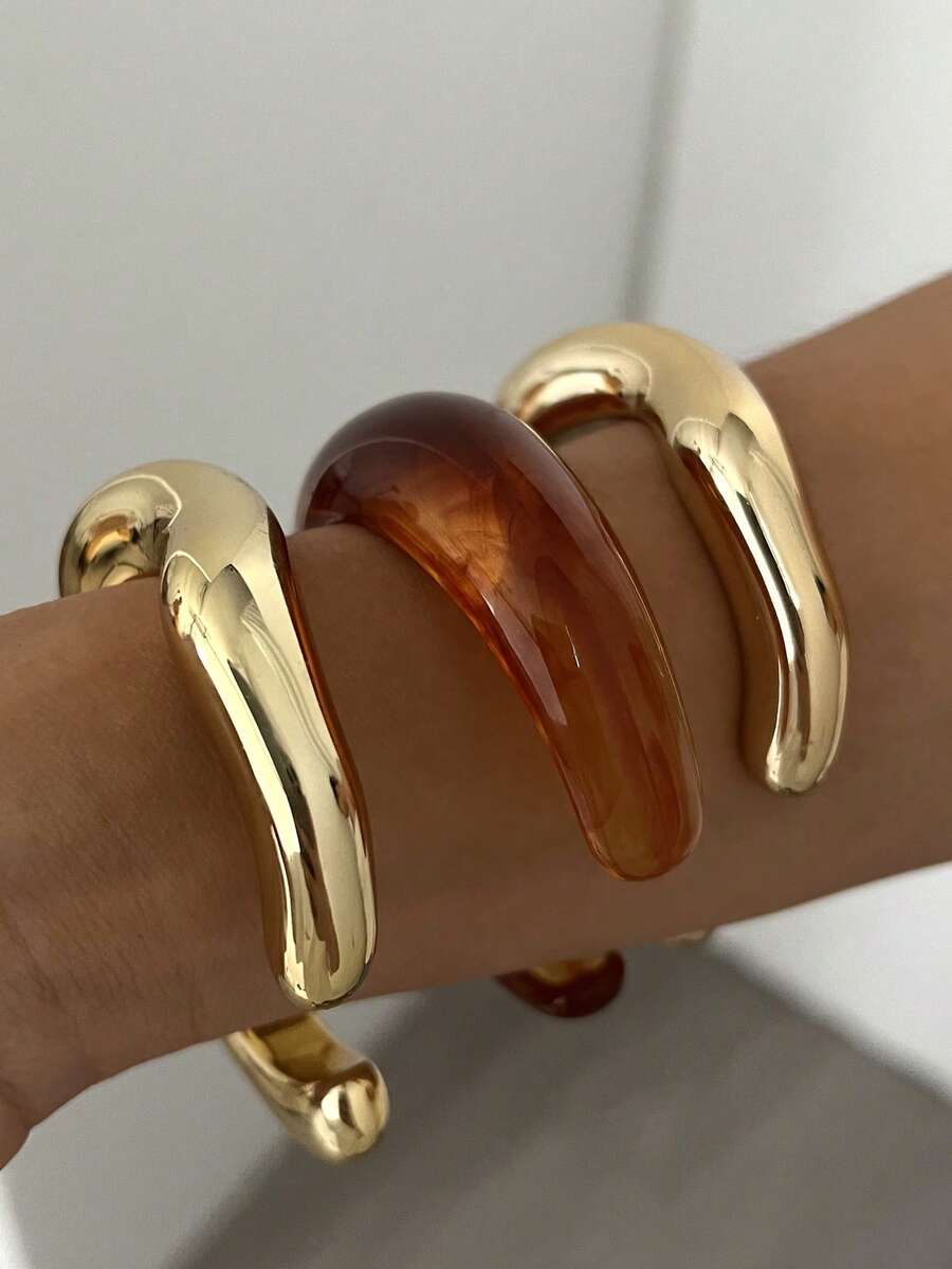 Vintage Exaggerated Luxury Geometric Design Wide Metal Gold Bangle Set