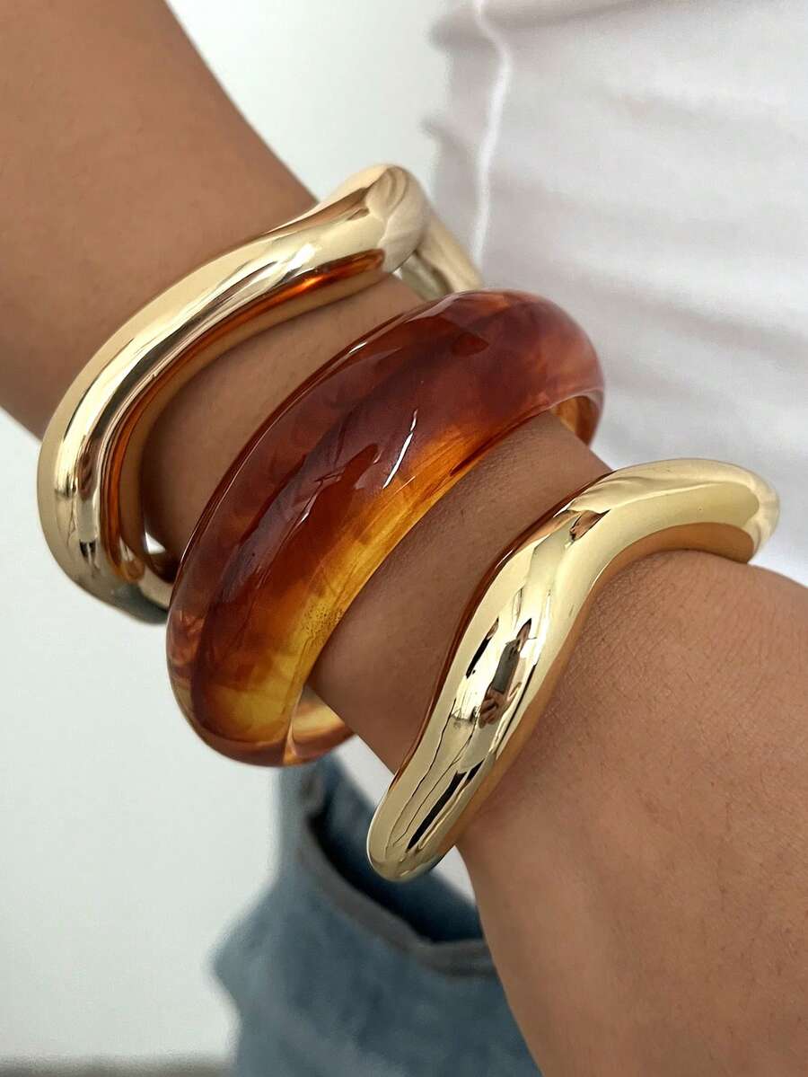 Vintage Exaggerated Luxury Geometric Design Wide Metal Gold Bangle Set