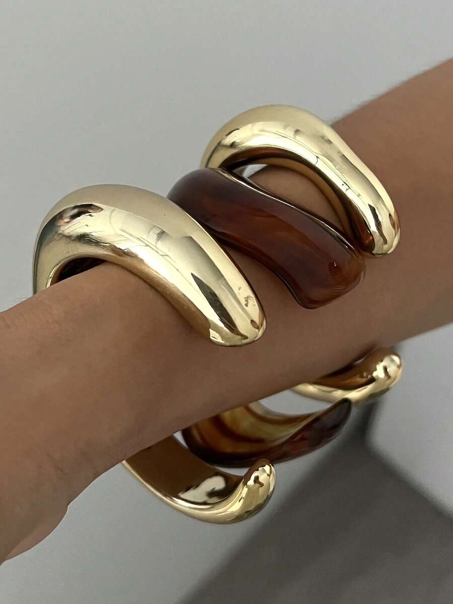 Vintage Exaggerated Luxury Geometric Design Wide Metal Gold Bangle Set