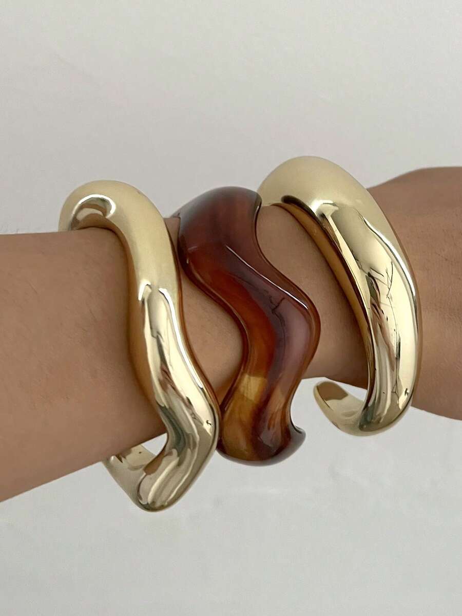 Vintage Exaggerated Luxury Geometric Design Wide Metal Gold Bangle Set