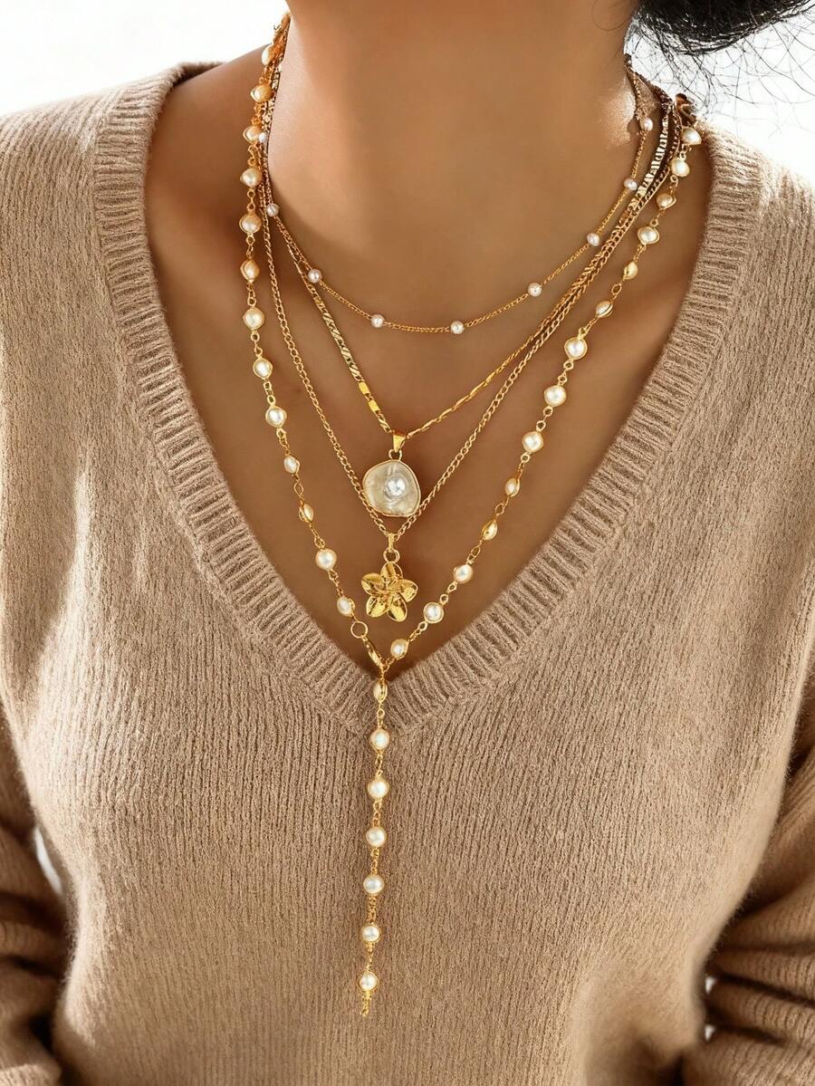 Fashionable Minimalist Bohemian Shell Flower & Faux Pearl Y-Necklace Set
